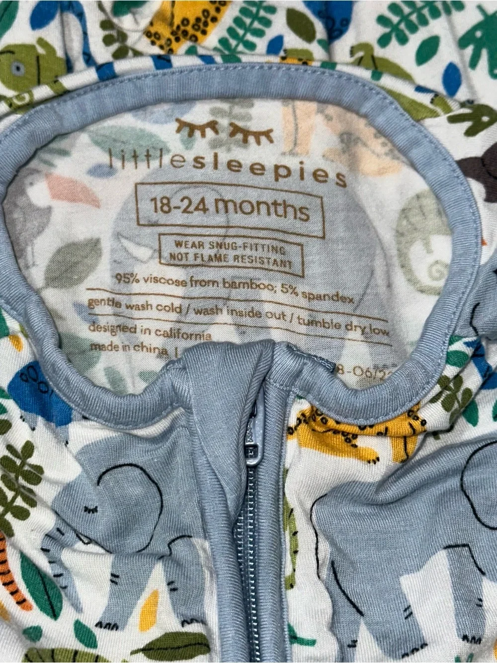 Little Sleepies Size 18 24 Jungle Safari Elephant Tiger One Piece Zipper Pajamas